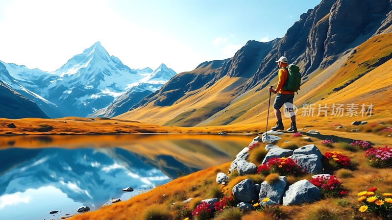 秋日山湖风光徒步者与自然美景