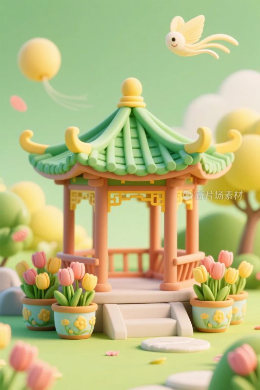 卡通风格亭子与花丛插画
