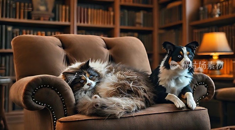 书房里猫和狗一起在沙发上享受宁静时光