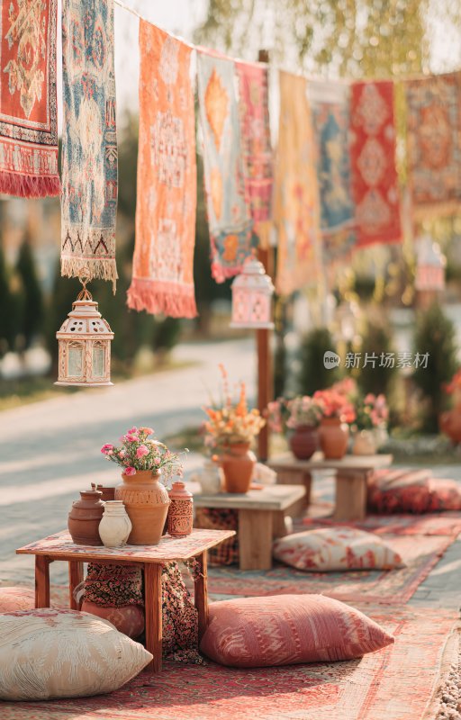 户外装饰有挂毯与摆件场景