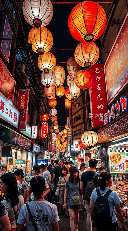 霓虹灯下繁华夜市热闹非凡