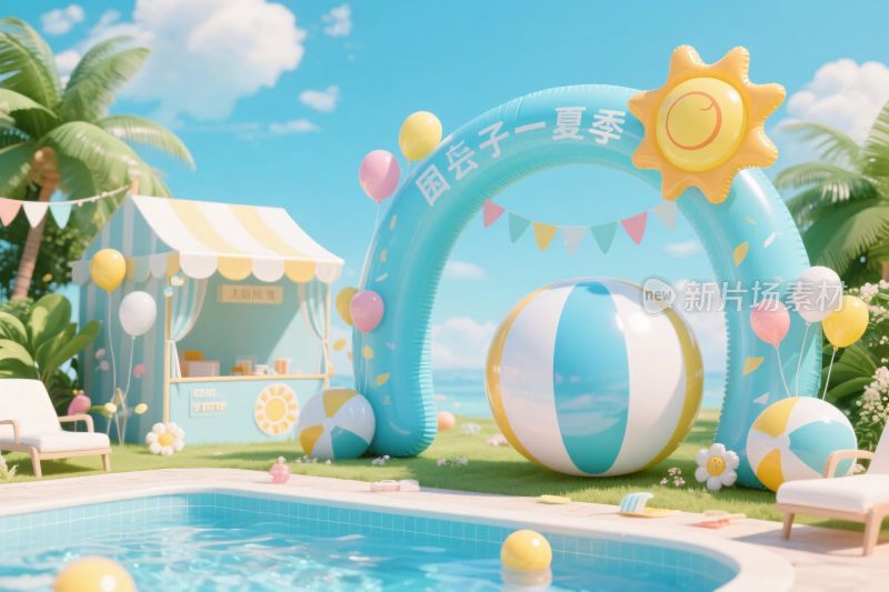 卡通泳池派对场景插画