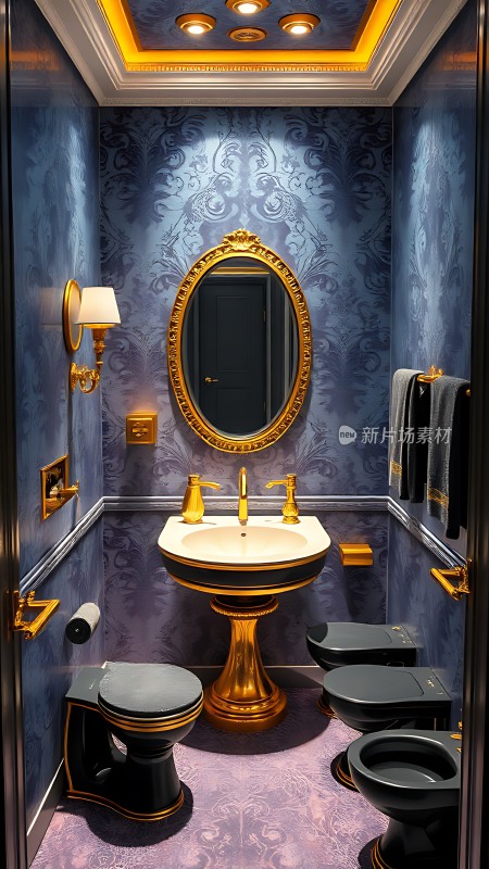 金色卫浴配蓝色花纹墙奢华现代风格