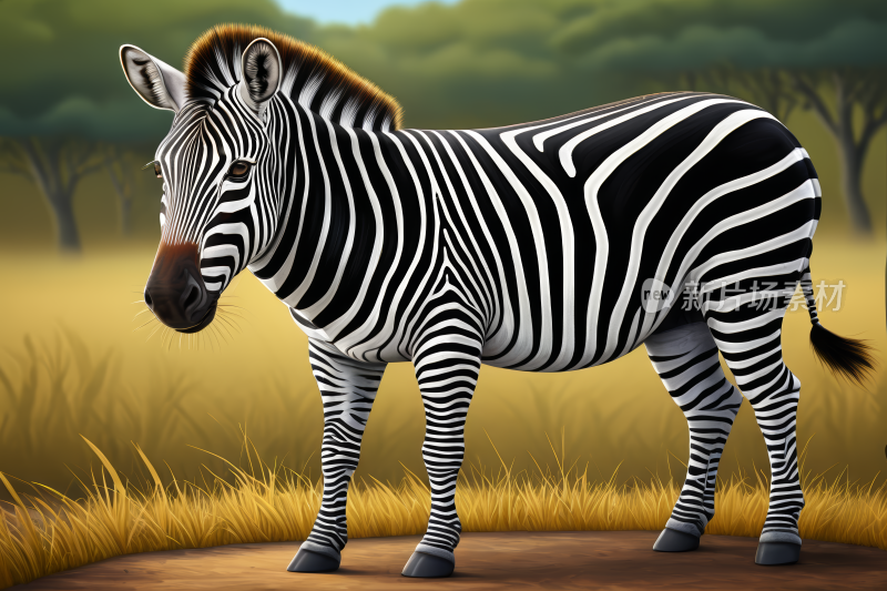 斑马站在田野里一棵树高清图片