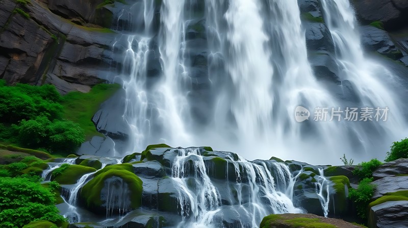 瀑布飞流直下绿意盎然自然美景令人陶醉