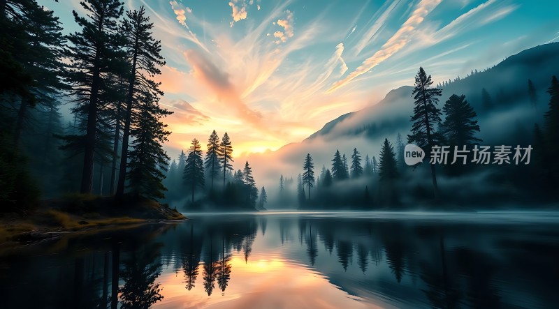 湖畔晨曦映翠林