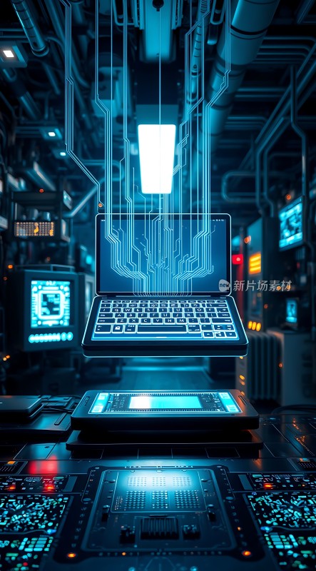 科技未来世界悬浮电脑与电子元件