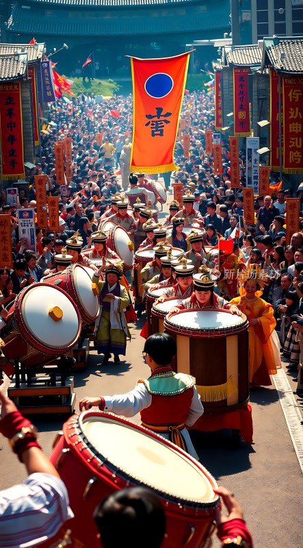 传统节日盛况鼓手队伍游行观众围观