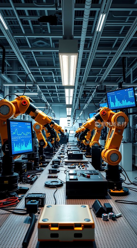 工业自动化生产线橙色机器人协同工作高效生产