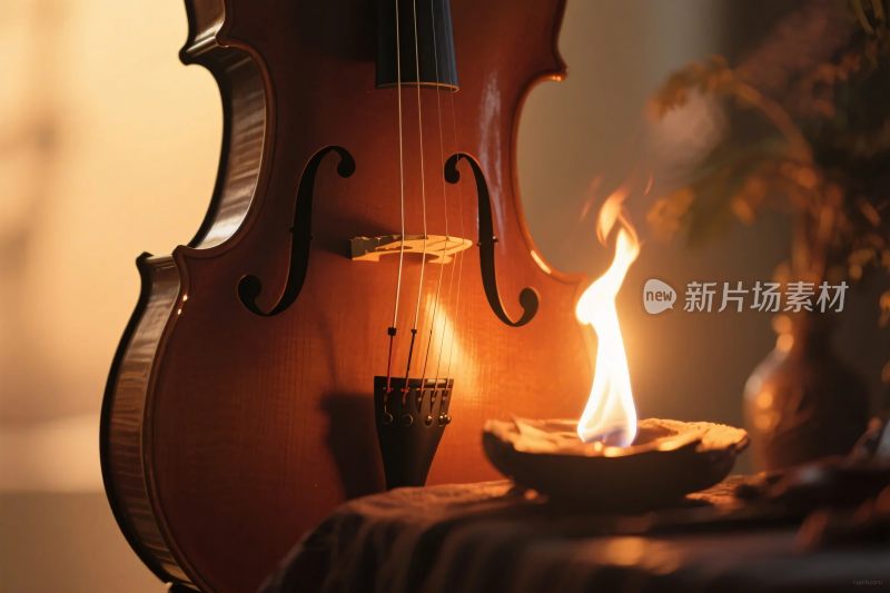 小提琴旁燃烧的火焰场景