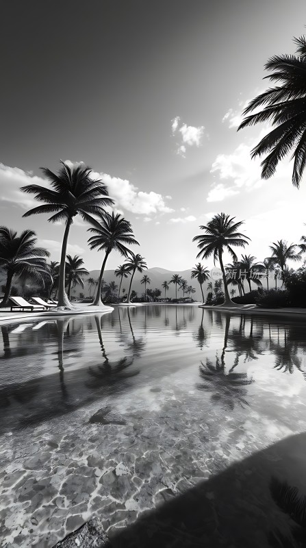 椰林倒影映碧波