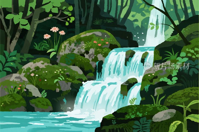 森林瀑布插画