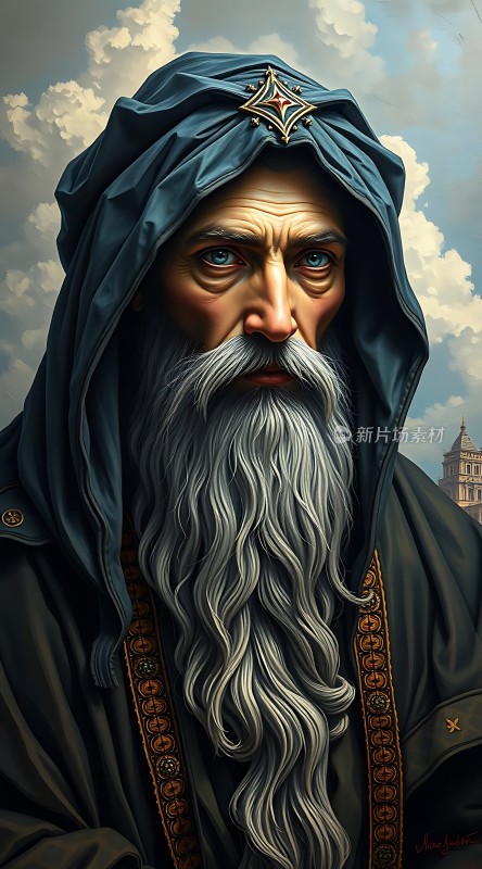 神秘长者蓝袍银须显威仪