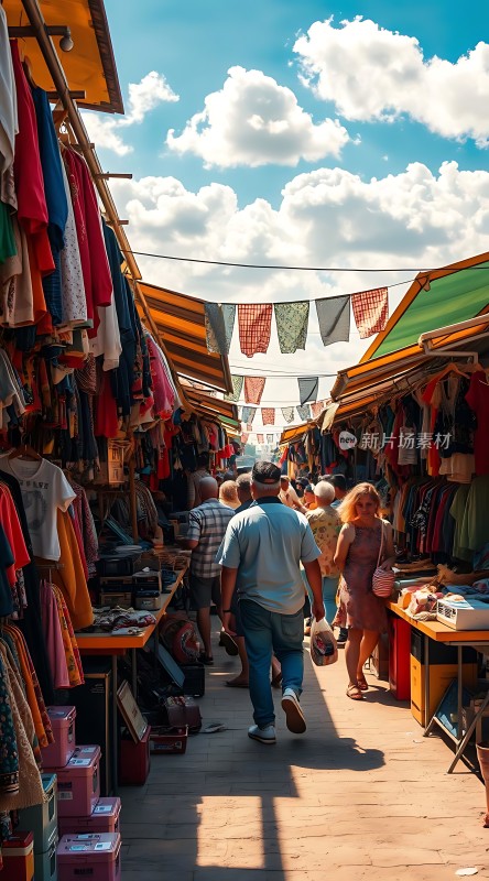 热闹集市色彩缤纷的商品和熙攘的人群