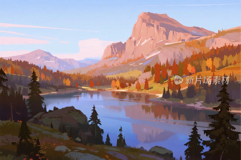 山水湖景风景插画