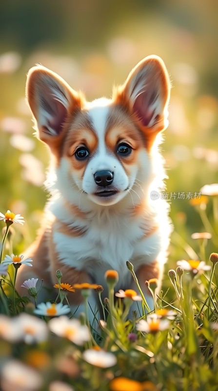 阳光下的柯基犬与野花