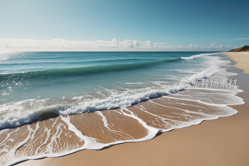 海滩上一股海浪涌来晴朗的天空高清图片