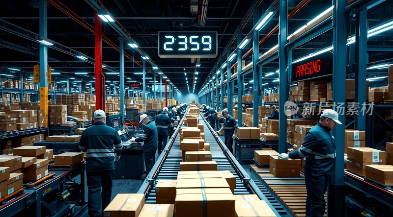 高效物流中心工人忙碌分拣货物