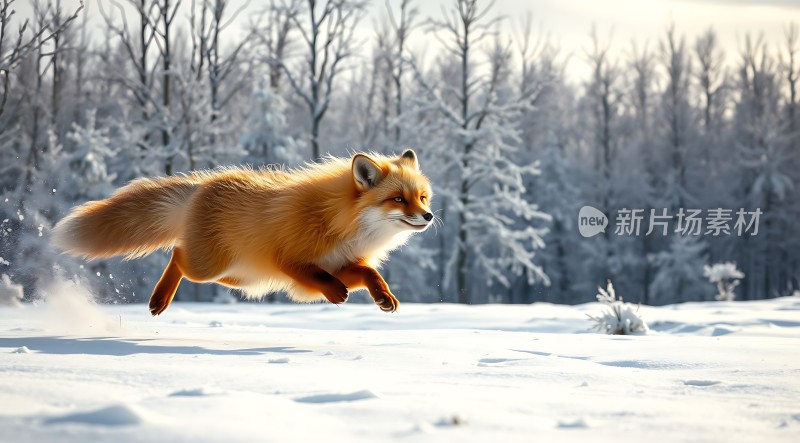 雪地红狐跃起