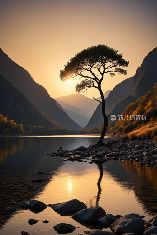 湖岸上有岩石和水的树高清风景图片