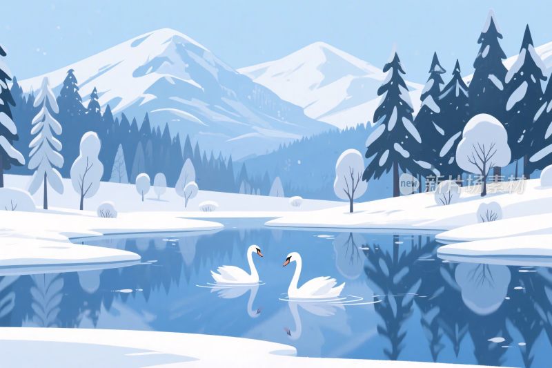 冬季湖畔天鹅雪景插画
