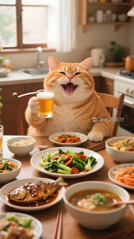 橘猫举杯欢庆美食盛宴