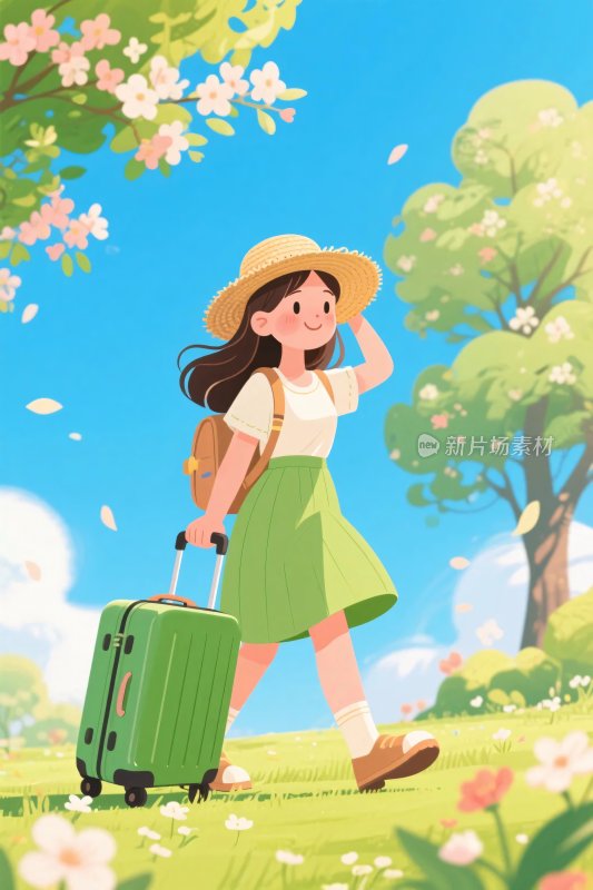 女孩春日拉行李箱出游画面