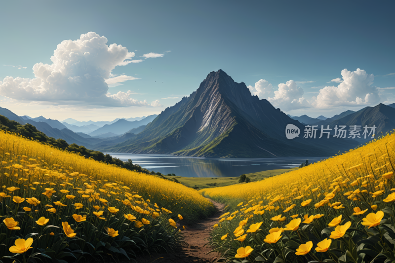 山前一片黄花田高清风景插画图片