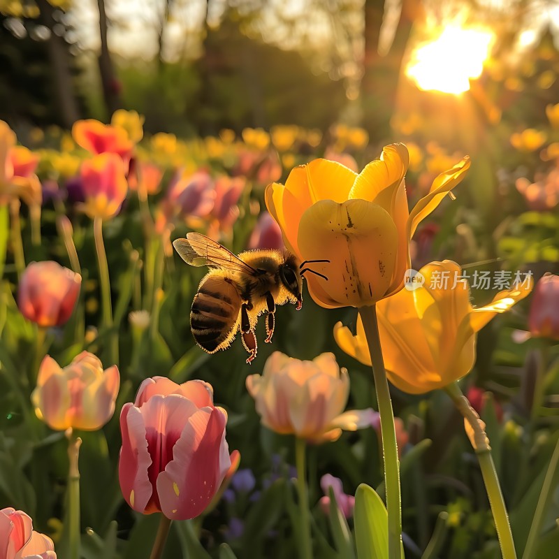 阳光下的蜜蜂与郁金香