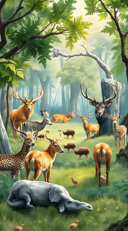 森林秘境动物和谐共处