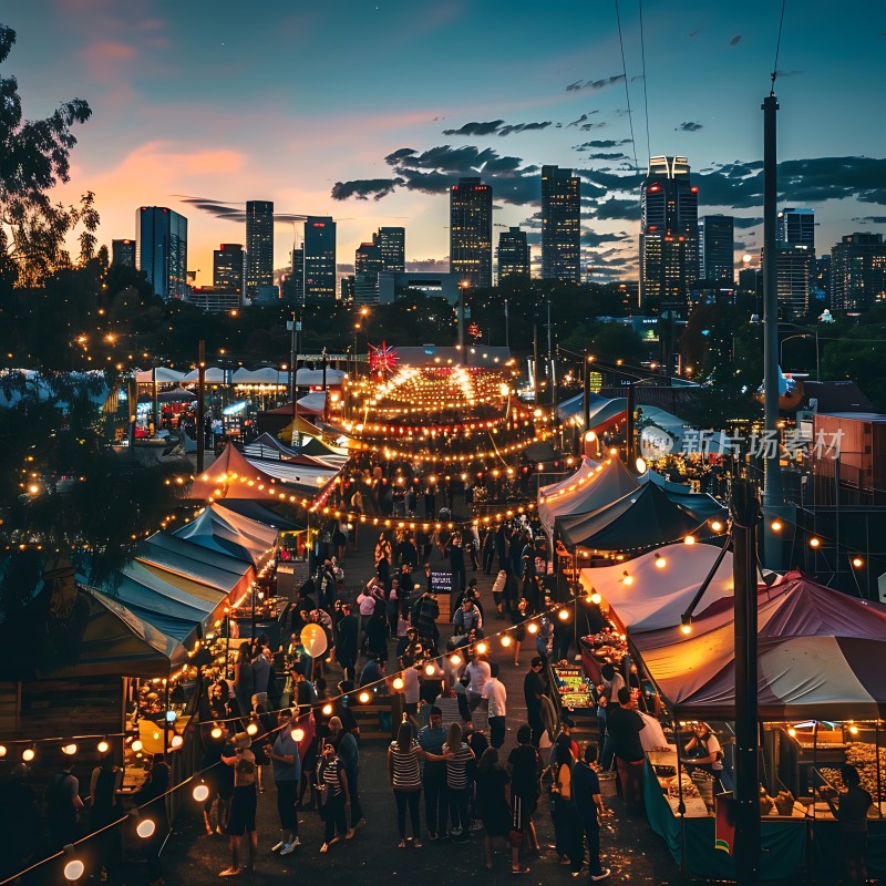 城市夜景下的热闹集市