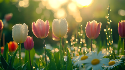 春天春日晨曦中的郁金香小雏菊鲜花