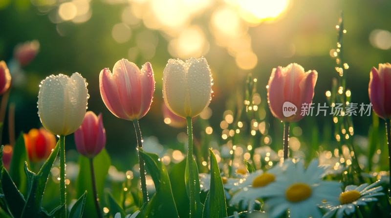 春天春日晨曦中的郁金香小雏菊鲜花
