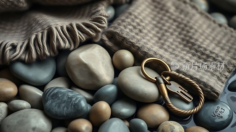 金色钥匙扣与布料石头的静物之美