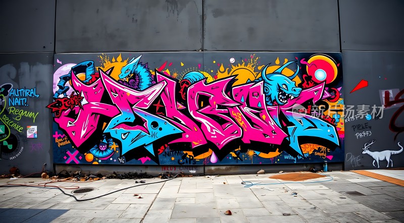 街头艺术色彩斑斓的涂鸦墙