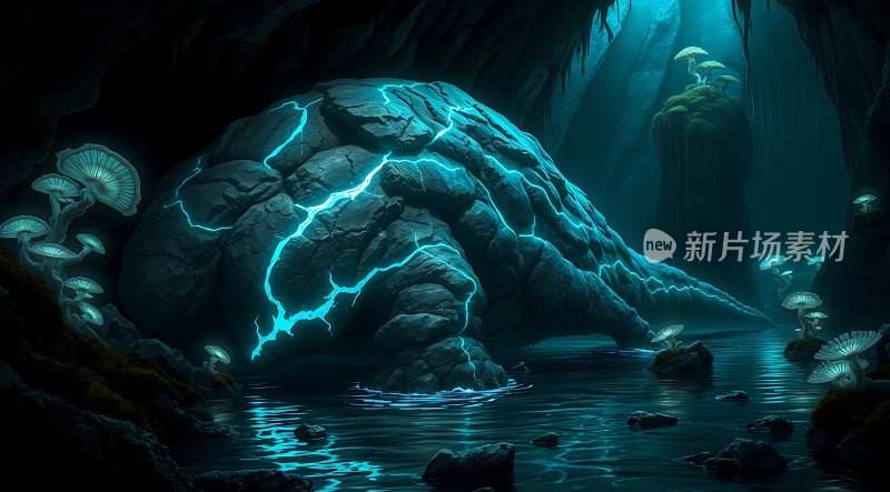 神秘洞穴中的发光岩石与蘑菇