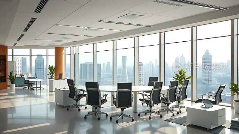 现代办公空间宽敞明亮全景落地窗城市天际线尽收眼底