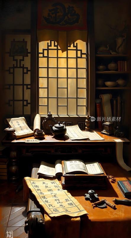 古风书房阳光洒落书卷、文房四宝与茶具点缀其间