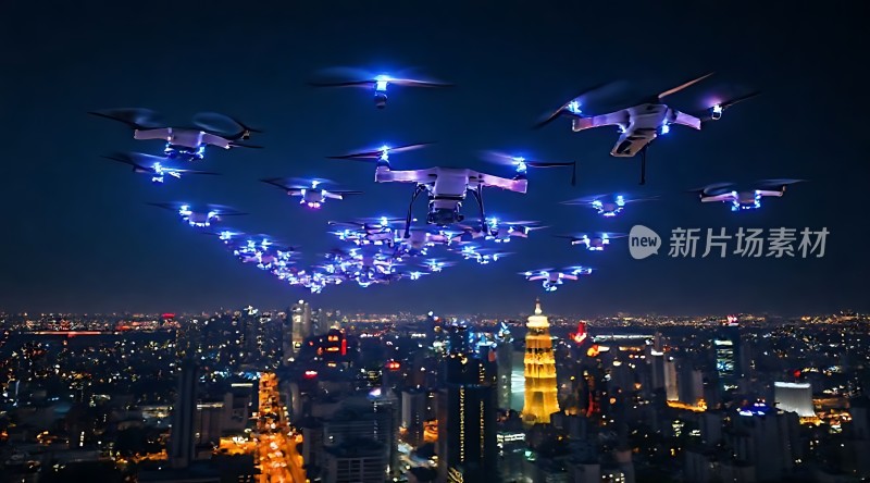无人机编队夜航城市上空
