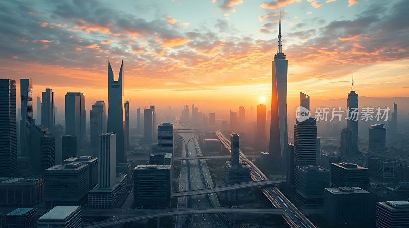 城市日出摩天大楼与朝阳共舞