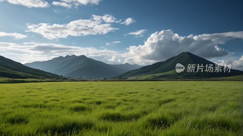 草地背景是山脉蓝天白云风景图片