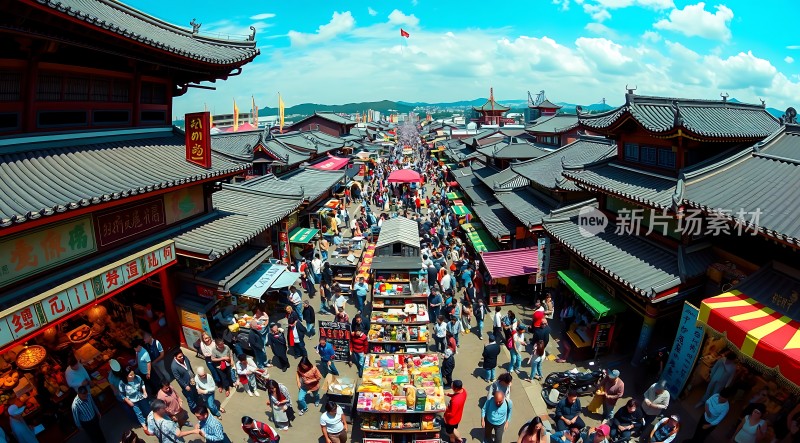 古街繁华人潮涌动美食琳琅满目