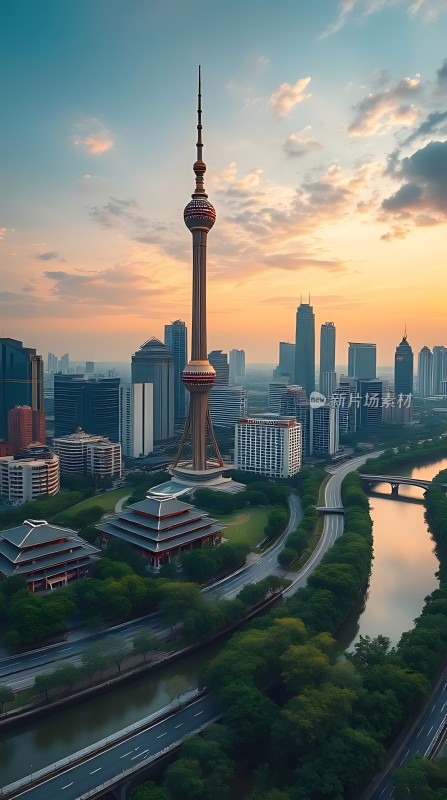 东方明珠与城市天际线日落美景