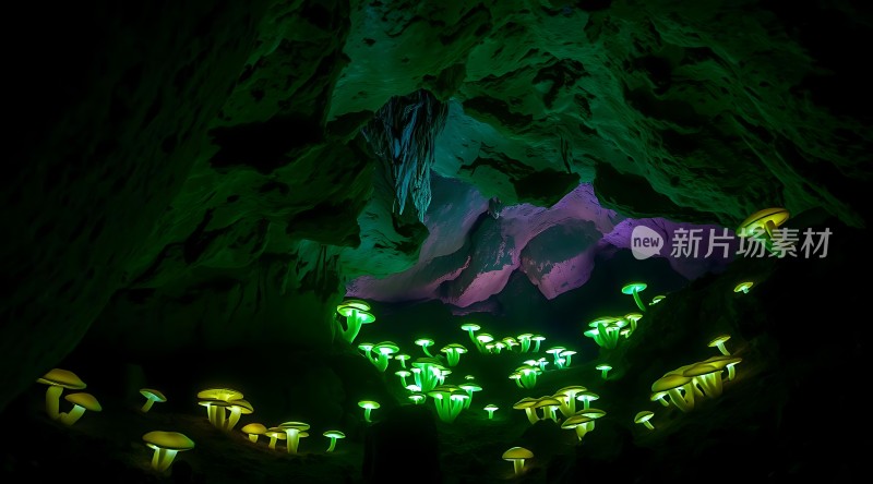 神秘洞穴中的奇幻荧光蘑菇世界