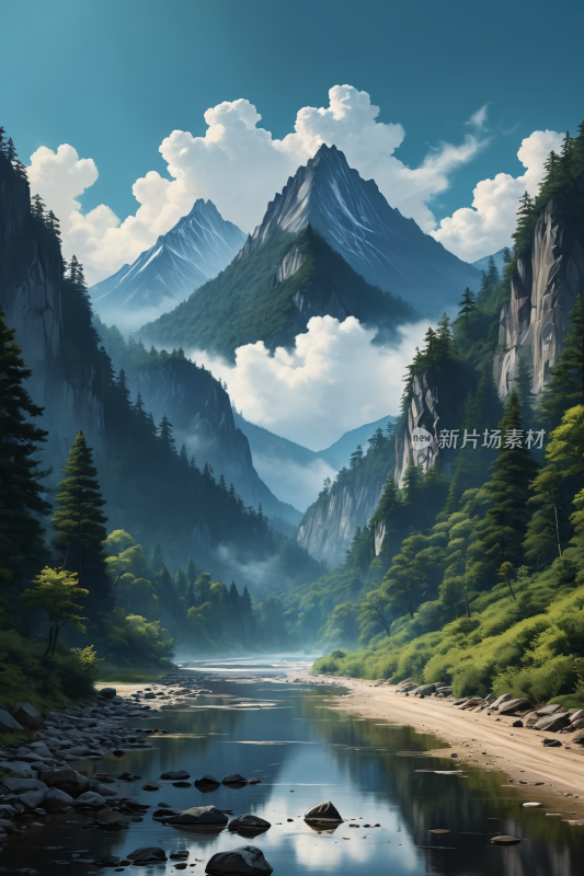 有河流山脉的山景高清风景插图片