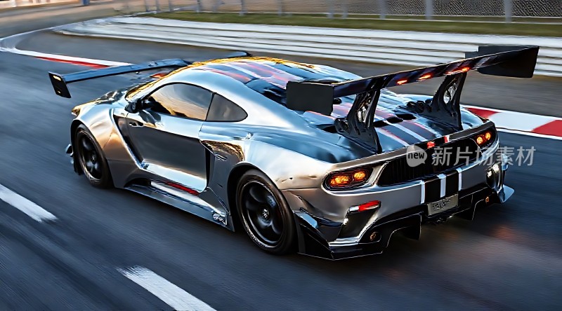 银色赛车疾驰赛道后置双翼显威风
