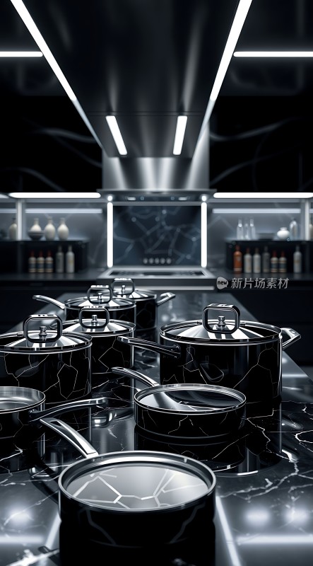 现代厨房黑色厨具与大理石台面