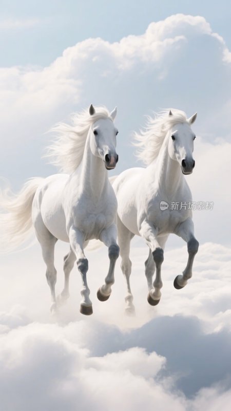 两匹白马于云端奔腾