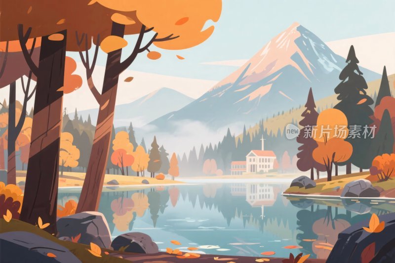 秋季山水风景插画