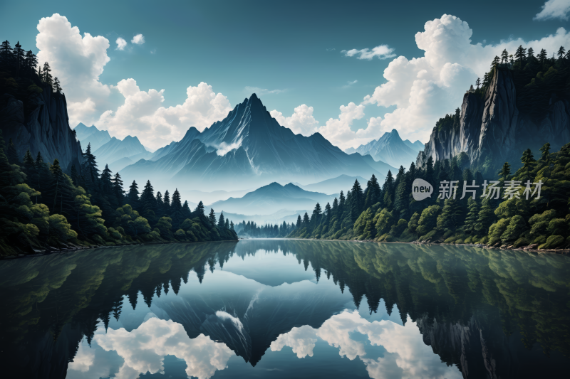 山脉的湖泊高清风景插画图片